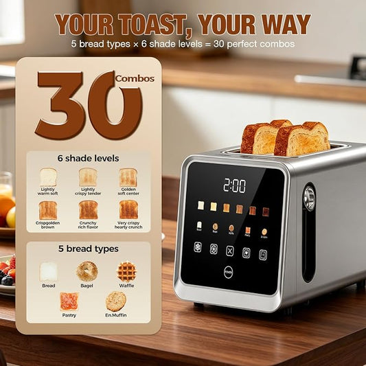 2 Slice Toaster, Smart Digital Touchscreen with Memory Function, 1.5" Extra-Wide Slots, 5 Bread Types & 6 Browning Settings, 900W for Fast Toasting, Defrost & Reheat Modes