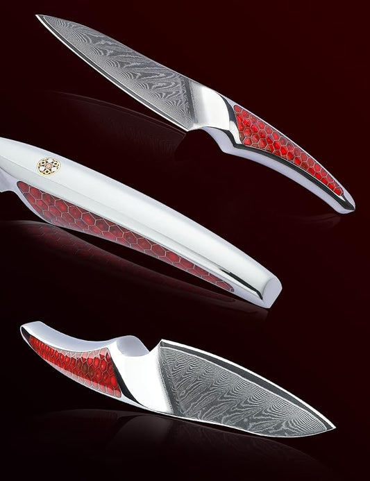 3.5 inch Paring Knife, Japanese VG-10 Damascus Steel Kitchen Knife, Ultra Sharp Fruit Knife with Full-tang Handle in Red Resin, LA-S9 Series