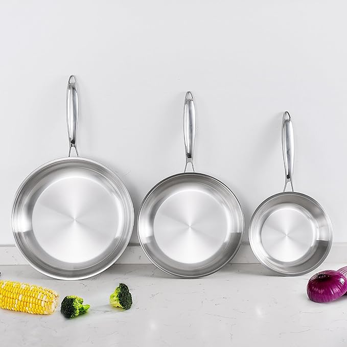 SuperCook 3-Piece Tri Ply Stainless Steel Frying Pan Set, 8"/10"/12" Stainless Steel Frying Pans, Stainless Skillet Pan, Sauté Pans, Non-Toxic, Multiclad, Induction Oven Compatible, Dishwasher Safe