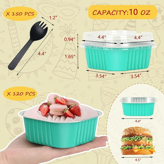 LNYZQUS 120pack/10oz Foil Mini Cake Tins with Lids 4โX4โ Small Cake Baking Pans Cupcake Containers,Disposable Ramekins Mini Aluminum Brownie Pan Large Muffin Cups Holders-Cyan Blue