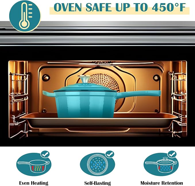 E-far Enameled Cast Iron Sauce Pan, 3 Quart Dutch Oven Saucepan with Lid, Small Sauce Pot for Cooking, Boiling, Healthy & Non Toxic, Induction & Oven Safe, Green