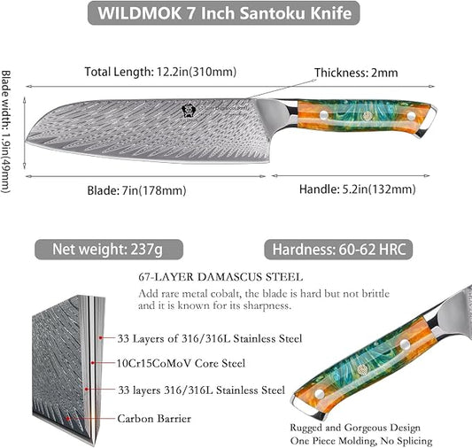 WILDMOK Santoku Knife 7 Inch kitchen knife, Ultra Sharp with Japanese Damascus Forged Santoku Knife, Ergonomic Resin Handle, cooking gifts with gift box