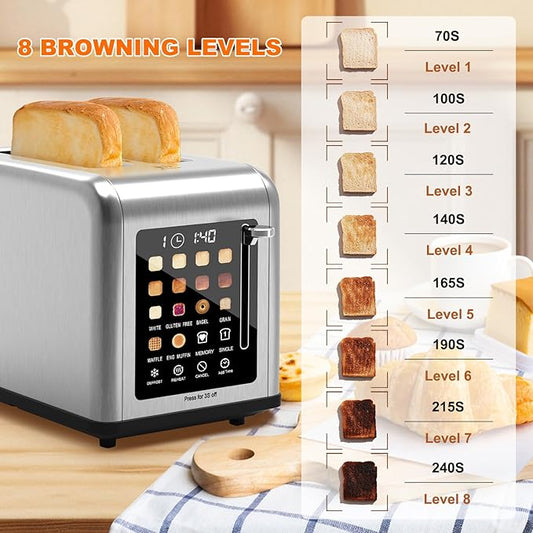 2 Slice Toaster Touch Screen, Stainless Steel Toasters Digital Timer 2 Slot Toasters, 8 Shade Settings 6 Bread Types for Bagel, Cancel, Defrost๏ผStainless Steel๏ผ