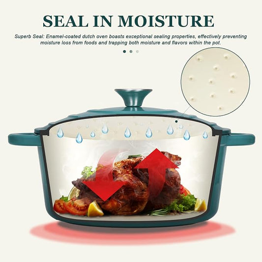 Overmont Enameled Cast Iron Dutch Oven - 7QT Pot with Lid Cookbook & Cotton Potholders - Heavy-Duty Cookware for Braising, Stews, Roasting, Sourdough Baking bottle green