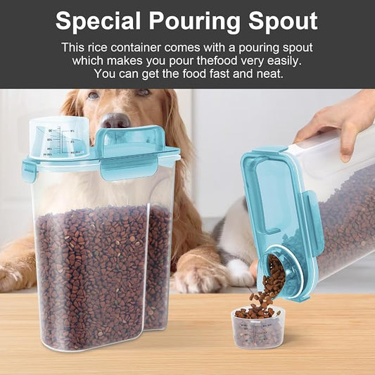 LEAWALK 5-7Lbs Cat Dog Storage Container, Portable Pet Food Containers with Upgraded Large Spout and Cup, Small Animal Kibble Dispenser for Bird Seed, Oatmeal, Rice, Flour-Clear Blue