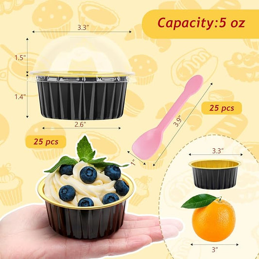 5oz Cupcake Pans with Lids 25 Pack, Foil Baking Cups Disposable Muffin Tin Aluminum Mini Cake Pans Creme Brulee Ramekins Cupcake Containers Liners for Holiday Baking-Black