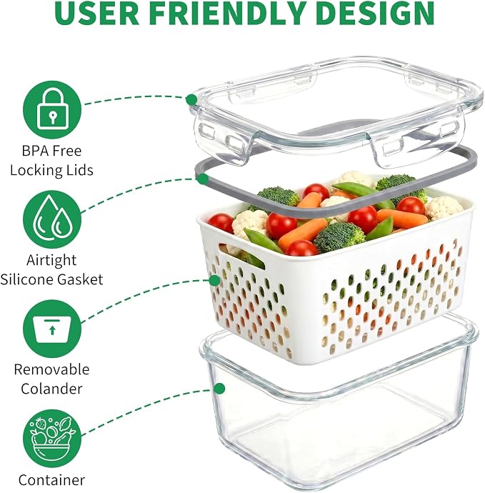 Vegetable Containers for Fridge, Stay Fresh Fruit Vegetable Storage Containers with Lid and Removable Colander, Stackable Vegetable Storage for Berry Salad Lettuce Vegetables Meat Various Food, 3PCS