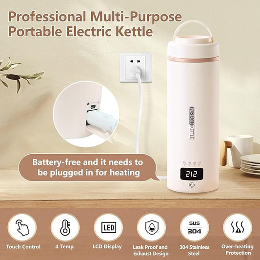 Travel Kettle, Portable Electric Kettle with 4 Temperature Controls, 304 Stainless Steel with Auto Shut-off & Leak Proof, Beige(120V)