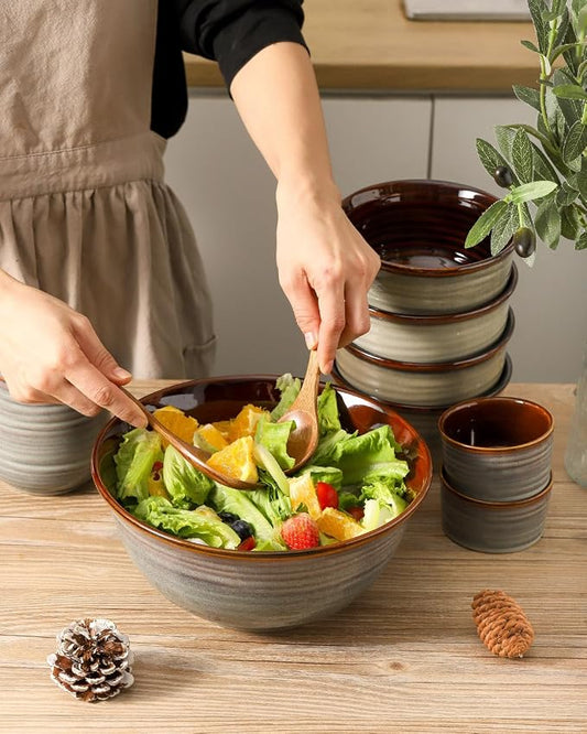 Hasense Serving Bowls, 84 Ounce Ceramic Serving Dishes for Salad Pasta Soup Pho, 9 Inch Mixing Bowls for Baking, Cooking, Kitchen, Party,Dinner, Microwave Dishwasher Safe, Set of 2, Light Grey