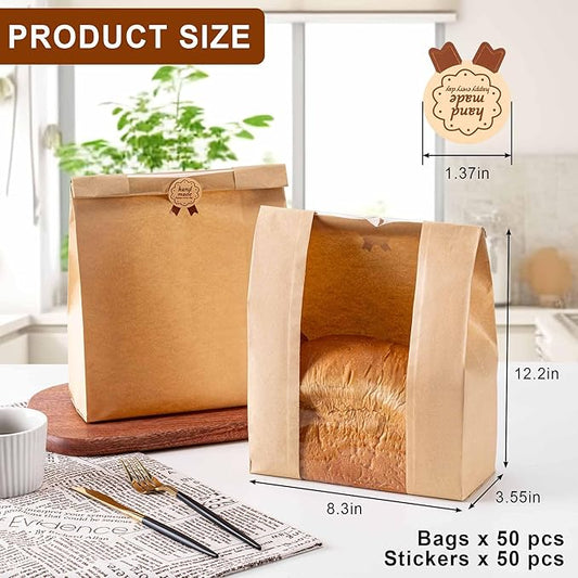 50Pcs Sourdough Paper Bread Bags for Homemade Bread with Window, Includes 50PCS Label Seal Stickers for Food Storage(50% Thicker 13.7x8.3x3.5 in - Large)