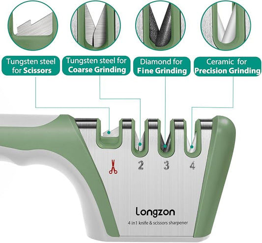 Longzon 5-in-1 Knife Sharpener 4 Stage with Cut-Resistant Glove, Quickly Sharpens & Restores Dull Blades, Easy & Safe for Home Kitchen Use, Fits Most Knives and Scissors, Gray+Green