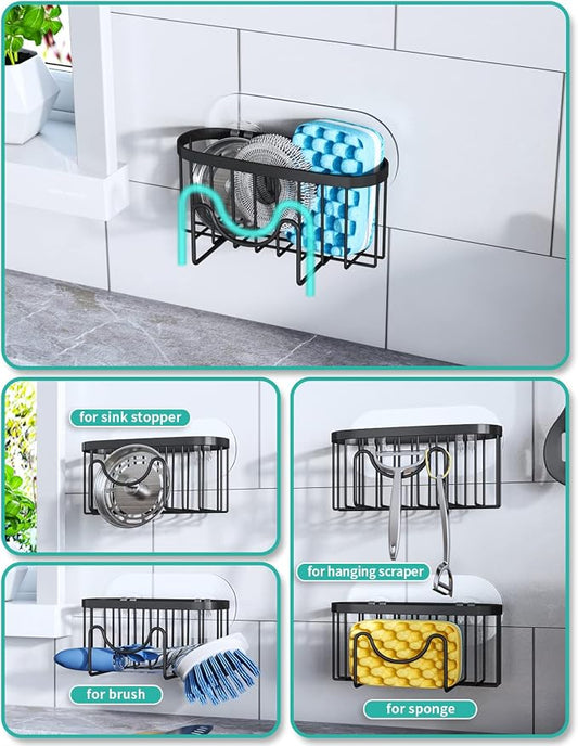 HapiRm Multifunctional Sponge Holder with Unique M-Shaped, Two Installation Methods Kitchen Sink Organizer, Rustproof Stainless Steel Sink Caddy -Black(2-Pack)