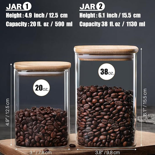 Glass Food Storage Jars with Airtight Lids, Clear Glass Jar with Bamboo Lid, Airtight Food Canister for Tea, Candy, Coffee, Sugar, Cookie, Snack. (Square | 5+6 Inch | 38+20 oz)