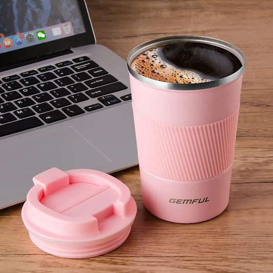 GEMFUL Travel Coffee Mug 13 oz Insulated Coffee Tumbler To Go with Lid Leak Proof Vacuum Stainless Steel Reusable for Hot Cold Drinks (Pink)