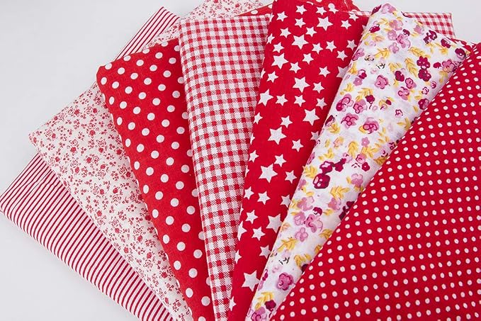 7 pcs 20" x 20" Cotton Fabric DIY Making Supplies Quilting Patchwork Fabric Fat Quarter Bundles DIY for Quilting Cotton Patchwork Cushions (Red, 20" x 20")