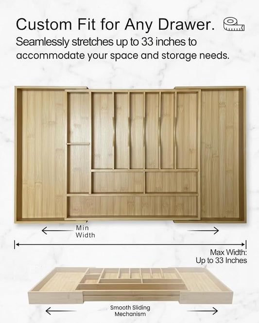 Expandable Bamboo Silverware Drawer Organizer – Adjustable 33" Wide Wooden Utensil Tray with 11-Compartments, Large Kitchen Flatware & Spoon Holder, Natural Solid Wood for Drawers