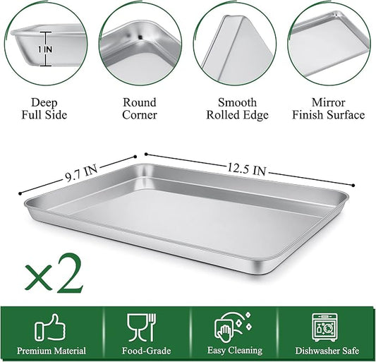 P&P CHEF 12.5 Inch Toaster Oven Pan with Rack Set, Stainless Steel Baking Pan Tray and Grid Cooling Rack for Cooking/Roasting, Dishwasher Safe & Easy to Clean, Non-toxic & Sturdy, (4Pcs)