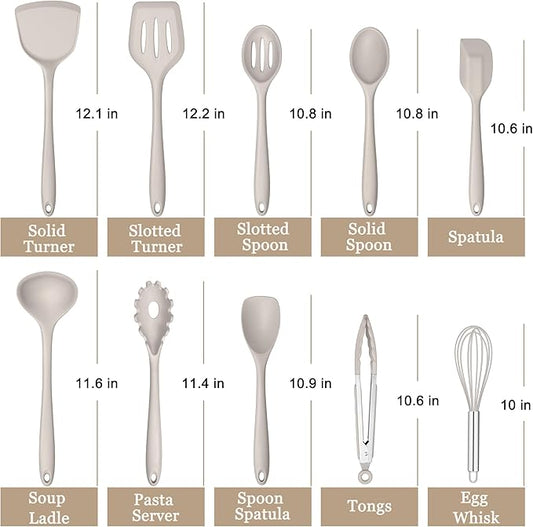 E-far 10 Pieces Silicone Cooking Utensils Set, Heat Resistant Kitchen Utensil Set for Nonstick Cookware, Kitchen Cooking Tools with Spatula, Spoon, Slotted Turner, Non-Toxic & Dishwasher Safe (Khaki)
