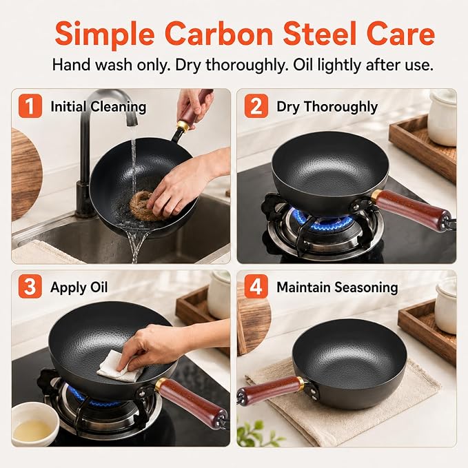 WANGYUANJI 8 Inch Carbon Steel Wok Pan with Lid, Small Hammered Flat Bottom Wok for 1–2 Servings, Removable Beechwood Handle, Coating-Free Stir Fry Pan for Gas, Electric & Induction Cooktops