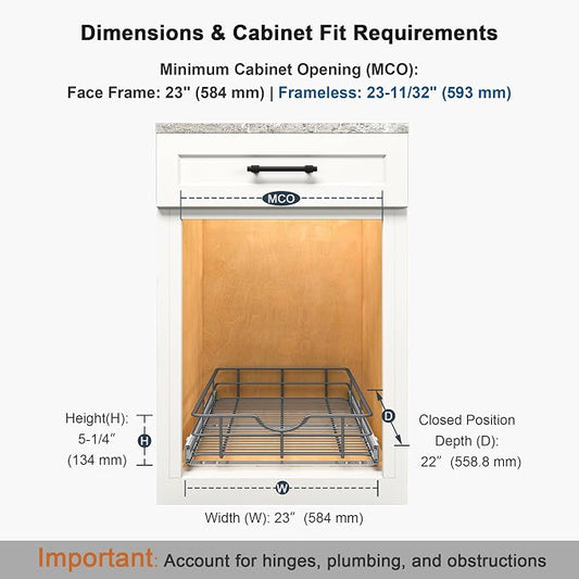 Pull Out Shelves - 23" W x 22" D Soft Close Pull Out Cabinet Organizer 1 Tier - Sliding Shelves with Shelf Liner - Heavy Duty Steel Wire Drawers for Kitchen Cabinets, Pantry, Bathroom