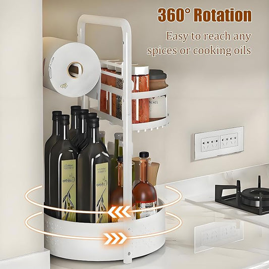 JEESA Rotating Spice Rack with Paper Towel Holder, White | 2 Tier Lazy Susan, Sturdy Iron, Seasoning Organizer, Kitchen Countertop