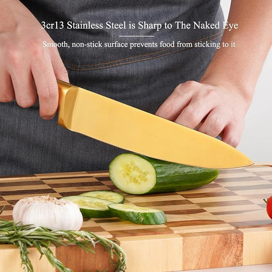 Aesthetic Gold White Kitchen Knife Set,7Pcs Gold Titanium Coated Dishwasher Safe Knife Block Sets,Wooden Block with Built-In Sharpener,Luxury Gift for Women Housewarming