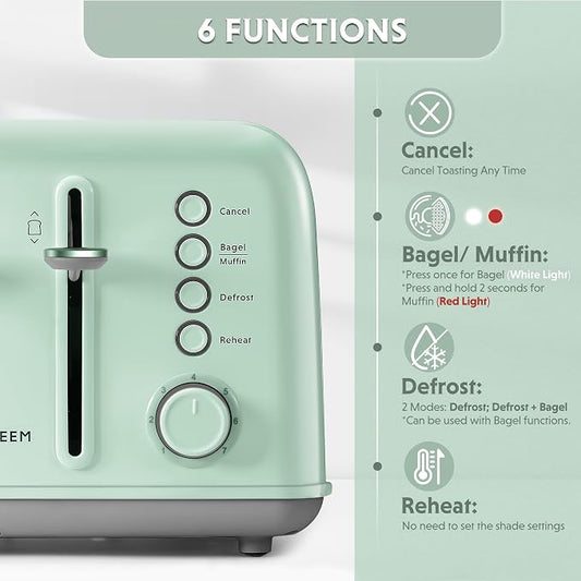 BUYDEEM DT640 4-Slice Toaster, 7 Shade Settings, Extra Wide 1.5โโ Slots for Bagel & English Muffin, 6 Toasting Functions, Retro Stainless Steel Toaster with High Lift Lever, 1800W, Green