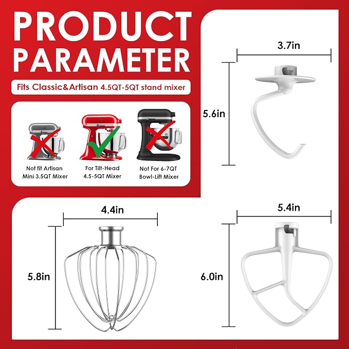 3-Piece Mixer Attachment Kit for KitchenAid 4.5/5 QT Tilt-Head Mixers, Stainless Steel K45WW Wire Whip, K45DH Dough Hook & K45B Coated Flat Beater, Baking Essentials Set, Dishwasher Safe