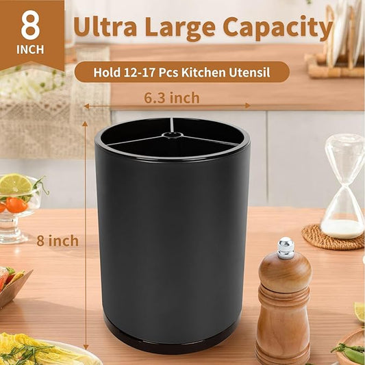Nigelia Extra Large Kitchen Utensil Holder, 360° Rotating Stainless Steel Cooking Utensil Holder for Countertop, 3 Compartment Flatware Organizer & Cooking Caddy with Removable Base(Black)