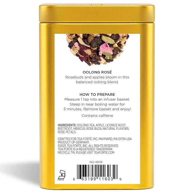 Tea Forte Oolong Rose Premium Loose Leaf Caffeinated Tea Blend Canister, Makes 35-50 Cups
