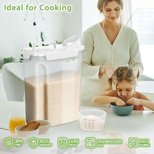Viretec Rice Storage Container, 15 to 20lb Dry Food Airtight Dispenser, Pet Dog Cat Food Canister, BPA Free Clear Plastic Kitchen and Pantry Organization Bin for Oatmeal, Cereal, Pasta, Flour White
