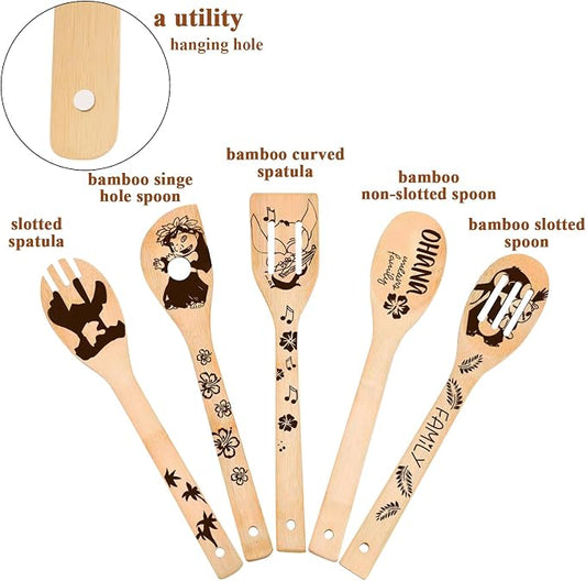 Birthday Gifts for Women - 5 PCS Leo and Stitc Wooden Spoons for Cooking,Engraved Cartoon Kitchen Accessories,Cute Cartoon Spatula for Kitchen Decor Stitc Kitchen Stuff,Lelo and Stitc Gifts