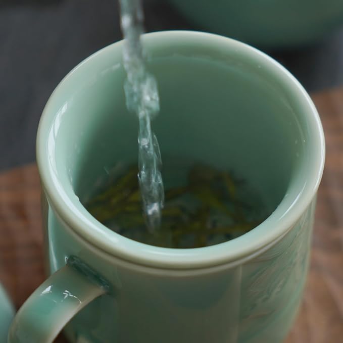 Tea Infuser Mug with Lid, 12oz Handcrafted Celadon Loose Leaf Cup — Ceramic Strainer Brewing Mug, Sage Green Japandi Drinkware, Gift for Tea Lovers