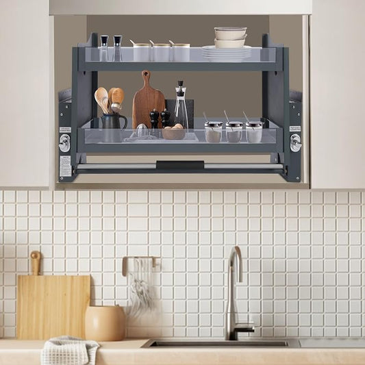 Pull Down Shelf for Kitchen Upper Cabinet,2-Tier Pull Down Cabinet Organizer,Pull-Down Shelf for Kitchen Upper Cabinets,26.4 Lbs Load Capacity (30.08 * 10.24 * 21.65in)