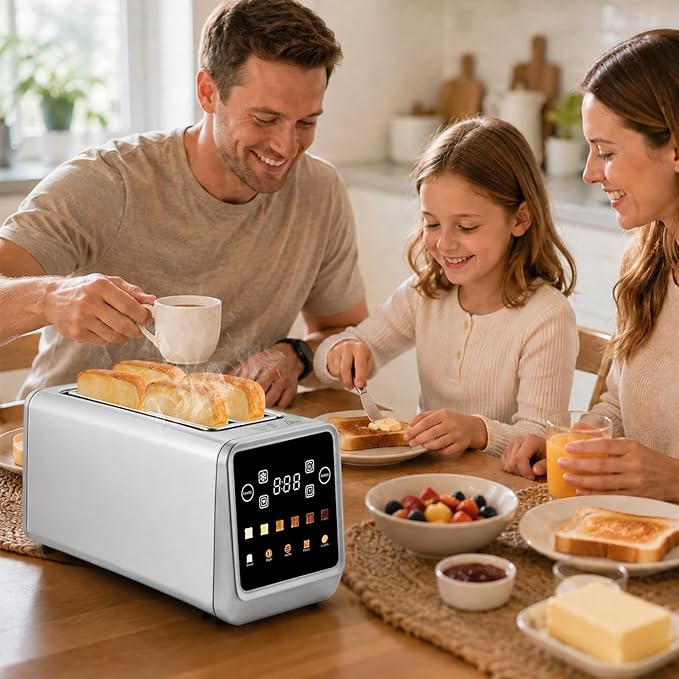 SAKAMOSH Touch Screen Toaster 4 Slice, Smart Digital Toasters with LED Display & Timer, Extra Long Wide Slots for Bagels, 6 Browning Levels & 5 Bread Types, Memory Function, 1400W, Stainless Steel