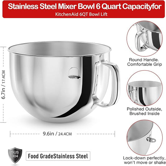 6QT Stainless Steel Mixer Bowl for Kitchenaid Stand Mixers, Kitchen Aid Mixing Bowl for 6QT Lift Mixer with Handle