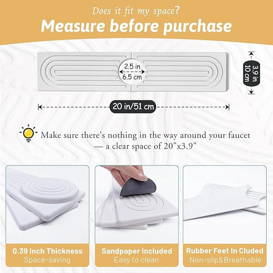 Faucet Mat for Kitchen Sink, 20" Wide Diatomite Fast Drying Stone Tray, Super Absorbent, Prevents Moisture Buildup, Faucet Water Splash Guard for Bathroom Counter, Sink Protector Gift for Mom, White