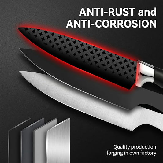 Knife Set, 8 Pieces Kitchen knife Set with Healthy Anti-Rust Coating, Stainless Steel Professional Chef Knife Set with Block, Sharp Kitchen Knives Set with Block for Home Cooking, Dishwasher Safe