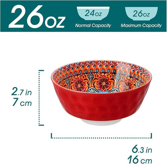vancasso Boho Cereal Bowls Set of 6, 26 oz Ceramic Soup Bowls with Colorful Bohemian Pattern, Microwave & Dishwasher Safe Serving Bowls for Salad, Oatmeal, Pasta, KRVI Series