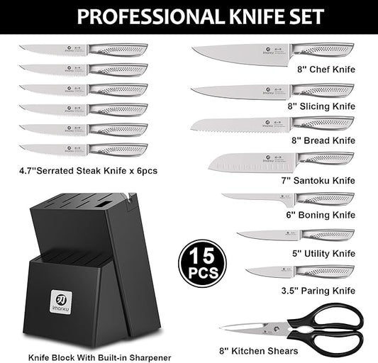 imarku® Kitchen Knife Set, 15 Pcs Japanese Knife Set with Block, Premium Razor-Sharp Chef Knives Set for Kitchen with Sharpener, Rust-Proof, Ergonomic Full-Tang Handle, Black
