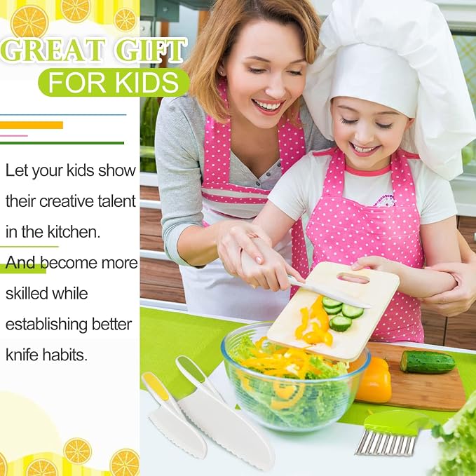 TAORISH 4 Pcs Kids Knife Set, Kids Kitchen Knife with Crinkle Cutter, Serrated Edges Plastic Toddler Chef Knife for Real Cooking & Cutting Fruit Bread