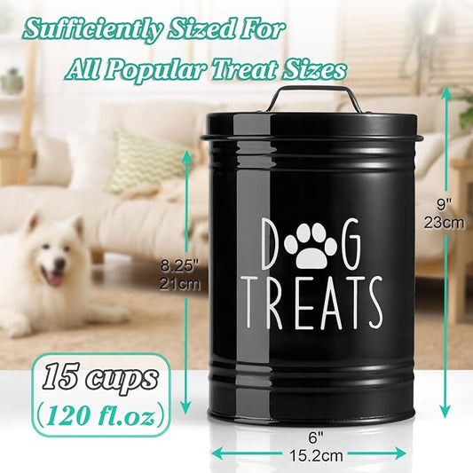 OUTNILI Extra Large Dog Treat Container Airtight - 9" Tall X 6" Round Black Dog Treat Jar for Kitchen Counter - Rustic Treat Storage Canister for Dogs, Cats, Small Animals