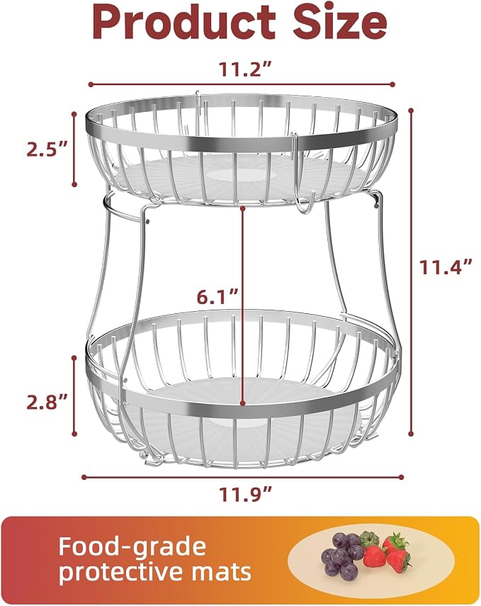 Sevenblue 2 Tier Fruit Basket for Kitchen Counter with 2 Banana Hangers, 2026 Pro Detachable Metal Fruit Bowl with Wooden Handle,Fruit Holder for Bread Snack Veggies, Silvery Extra Large