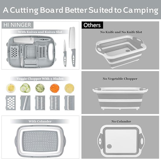HI NINGER Collapsible Cutting Board with Colander, 9-In-1 Multi Chopping Board Kitchen Vegetable Washing Basket for Camping Gifts Camping Accessories for RV Campers