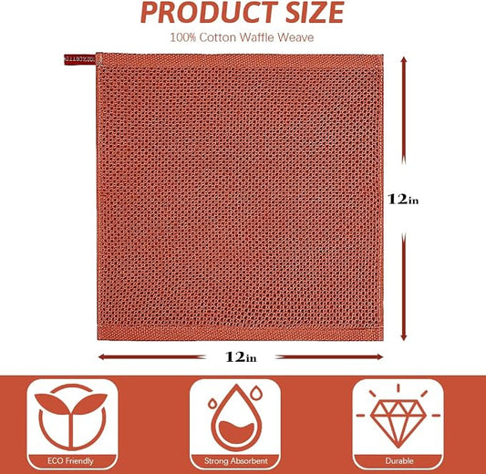 Nialnant 100% Cotton Waffle Weave Dish Cloths,4 Pack Super Absorbent Dish Towels for Washing Dishes,Cleaning Rags-12x12 Inch,Brick Red