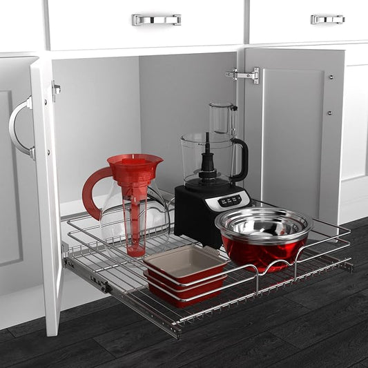 Rev-A-Shelf Steel Wire Pullout Drawer Organizer Shelf for Kitchen Cabinets, Slide Out Storage Basket, Min Opening Width of 23.5", 24" x 22", 5WB1-2422CR-1