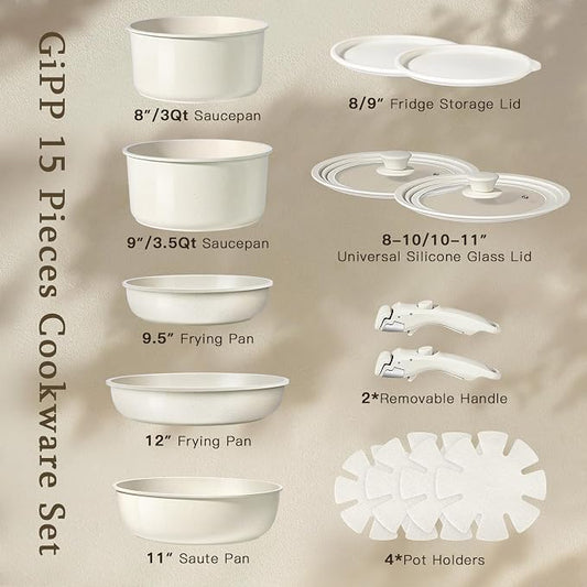 GiPP Ceramic Pots and Pans Set Non Stick, Nonstick Detachable Handle Cookware Sets, Healthy Non Toxic PFAS PFOA & PTFE Free, Dishwasher &Oven Safe, Induction Kitchen Pot and Pan, 15 Piece Cream