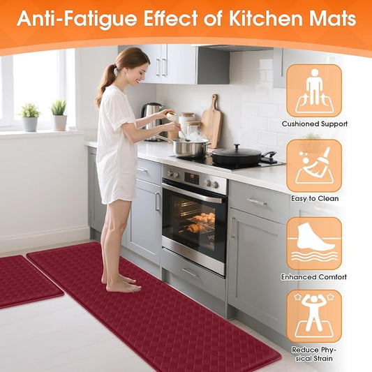TranquilRelax Kitchen Mats, 2PCS Kitchen Rugs, Cushioned Anti Fatigue Kitchen Mats for Floor, Non-Slip Standing Desk Mat, Waterproof Kitchen Rug Set for Kitchen Floor Office,17.3"×30"+17.3"×59" Red