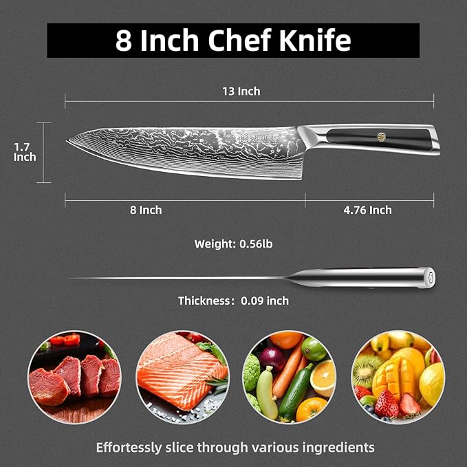 Sunnecko 8 Inch Japanese Damascus Chef Knife - Ultra Sharp 10-12 Degree Edge VG10 67 Layers Kitchen Cooking Knives for Meat, Vegetable & Fruit, Full Tang Forged Blade, Premium Father Day Gift Box