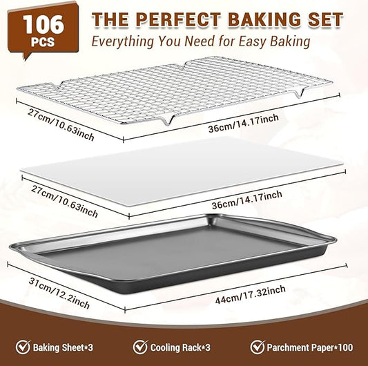 BEWOS Baking Sheet Pans With Racks Set - Including 17.6 ร 12 ร 1.26 Inch Carbon Steel Baking Sheet, Set of 106 (3 Sheets + 3 Cooling Racks + 100 Parchment Paper), Nonstick Bakeware sets for Baking